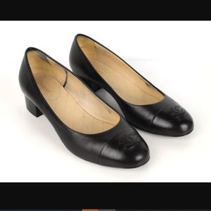 Chanel Black Leather CC Cap Toe Pumps Size 36